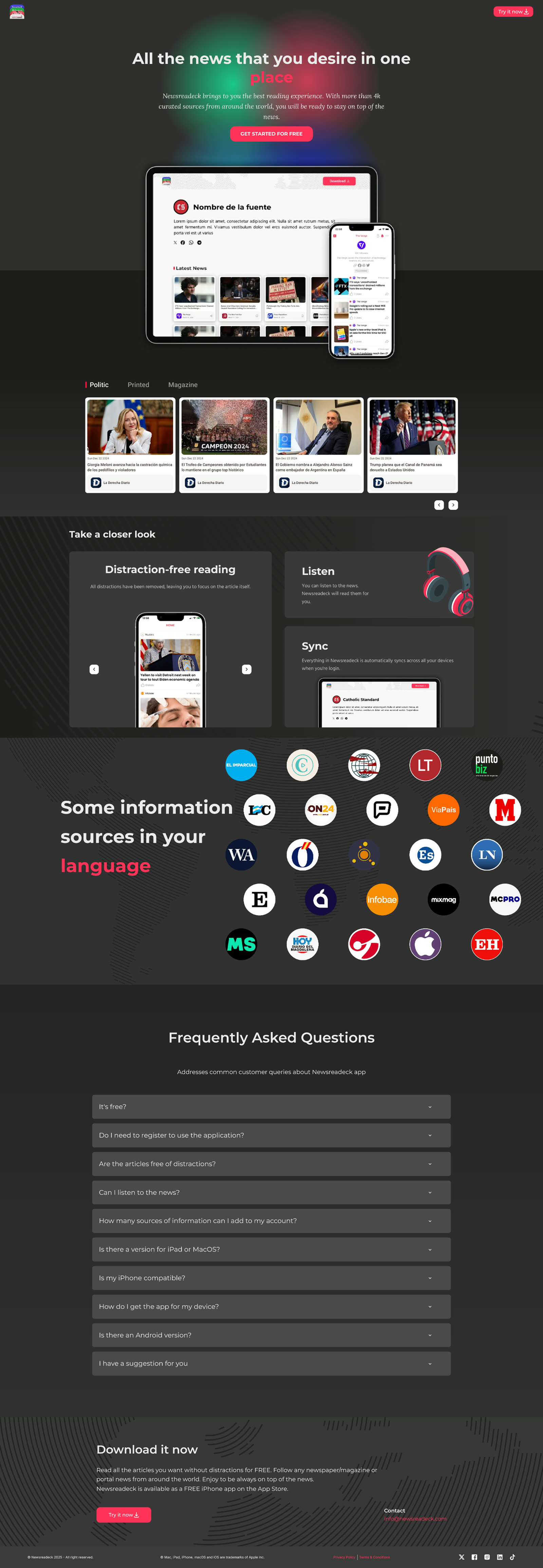 Newsreadeck landing page, full scroll: hero, categories, features, sources and FAQ