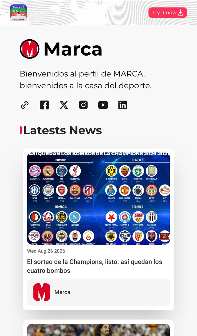 Newsreadeck source profile on mobile