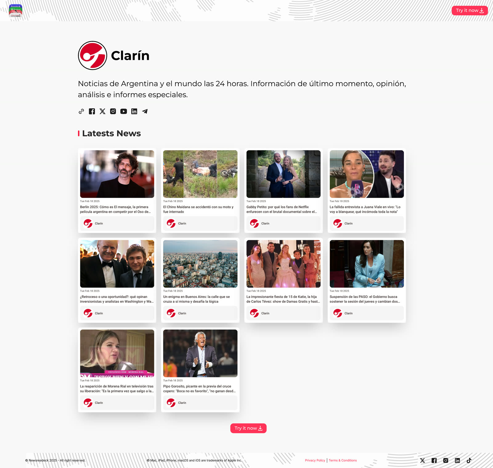 Newsreadeck source profile page showing an outlet's latest news