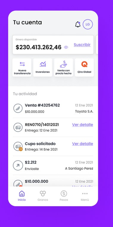 Qira Pagos wallet home showing available balance