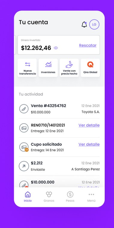 Qira Pagos investments screen
